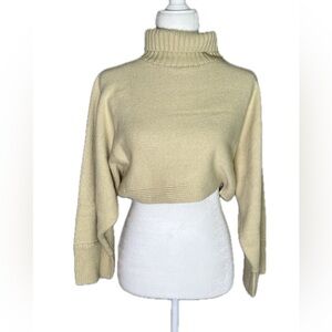 Hausen Tan Neutral Cropped Longsleeve Turtleneck Ribbed Knit Sweater S Small